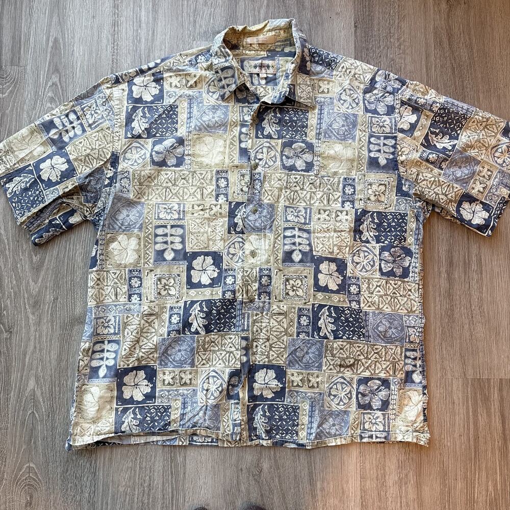 Cobra Golf Men's XL Hawaiian Shirt Blue Tan Floral Patchwork Button Up